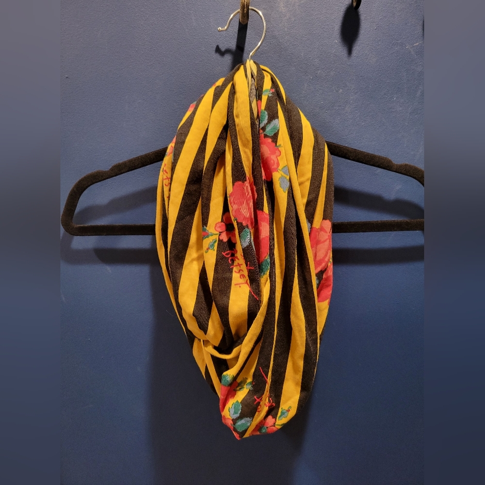 Betsey Johnson Infinity Scarf with Yellow and Black Stripes and Red Flowers